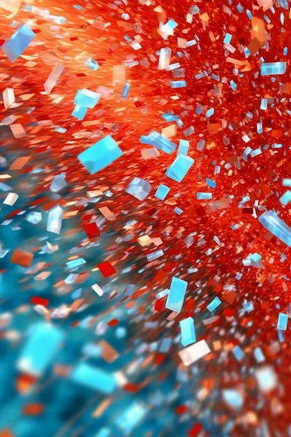A red and blue background with blue and red confetti.
