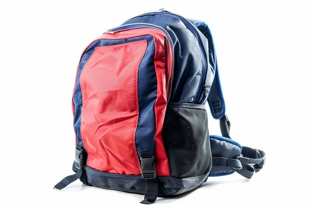 a red and blue backpack with a blue stripe