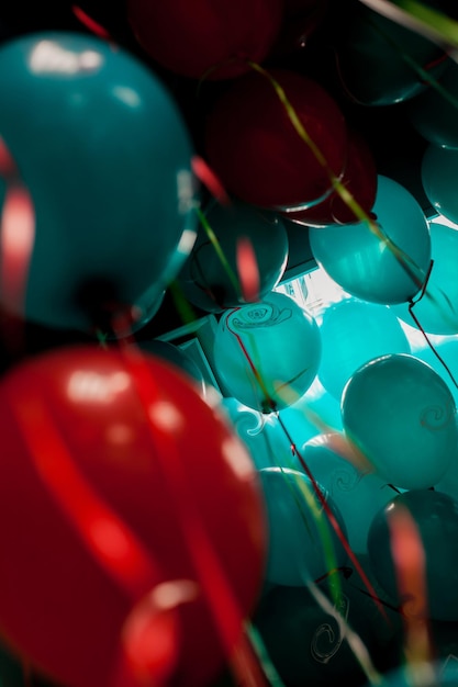 red and blue balloons under the ceiling many red and blue balloons background for a greeting card