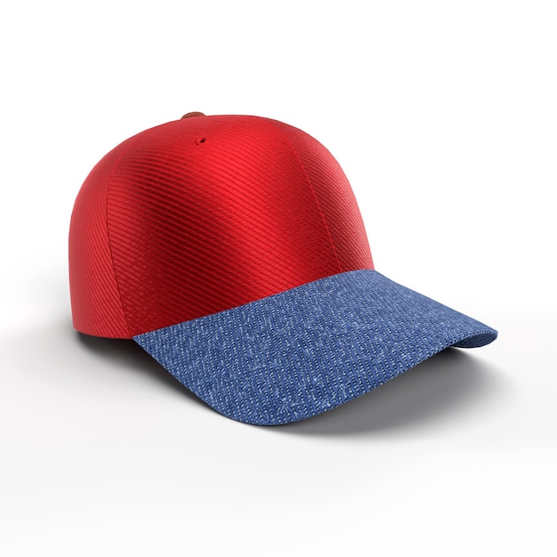 A red and blue baseball cap with a blue top.