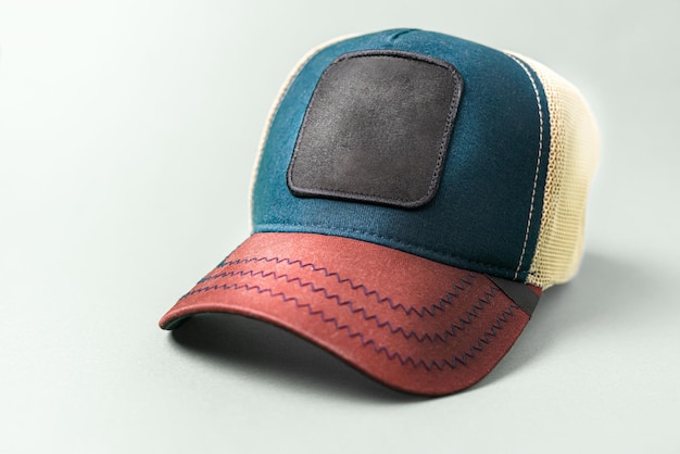 Red blue baseball caps mockup on a grey background front side