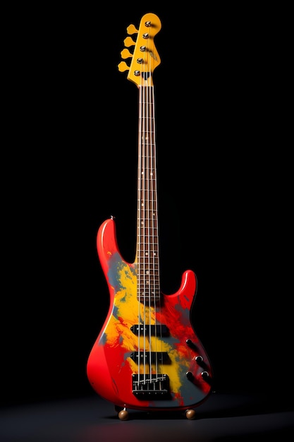 a red and blue bass guitar with a red and blue body