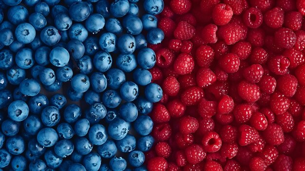 Red and blue berries lying one by one Half blueberry and half raspberry background High resolution