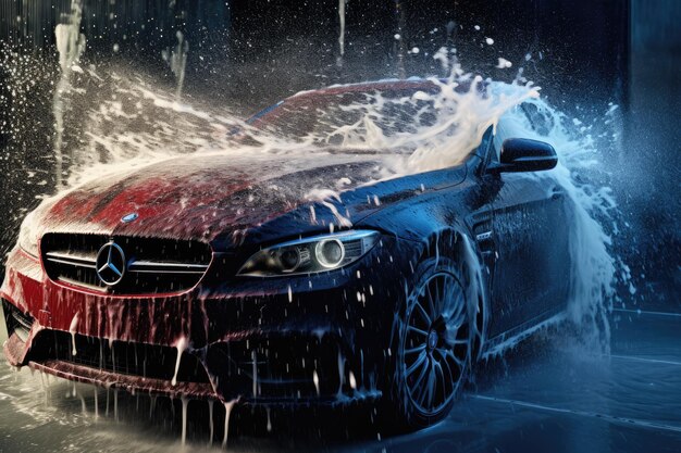 A red and blue car is being sprayed with water making its colors appear vibrant and fresh Washing car using highpressure water AI Generated