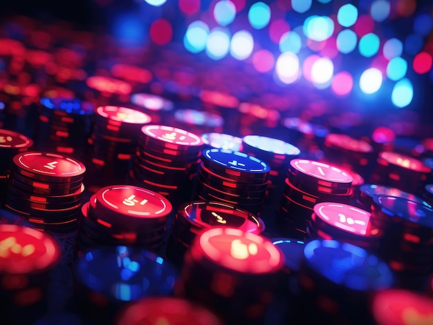 Red blue casino chips in neon shades