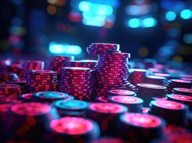 Red blue casino chips in neon shades