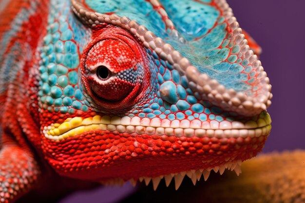 Red and blue chameleon close up portrait eye centered