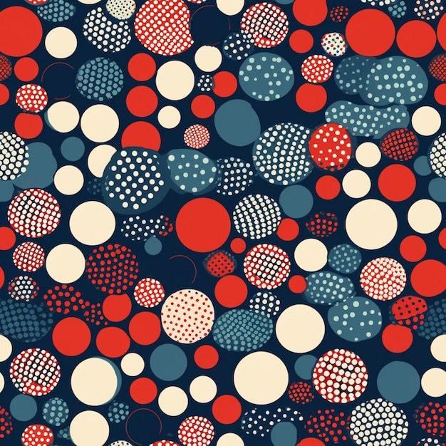 Red and blue circles with white dots on a dark background.