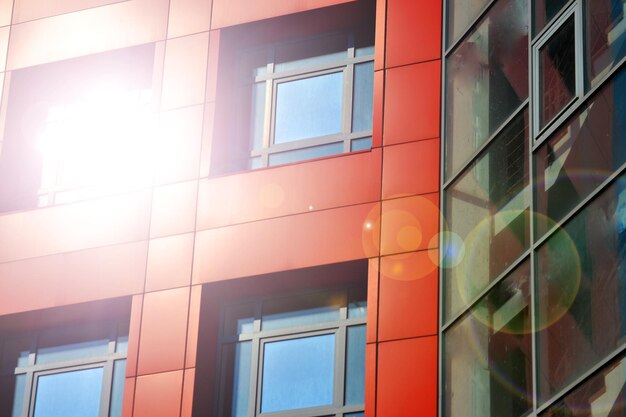 Red blue color walls of a modern building part of the facade of the building in the style