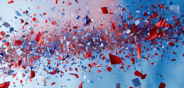 Red and Blue Confetti Explosion in Clear Sky