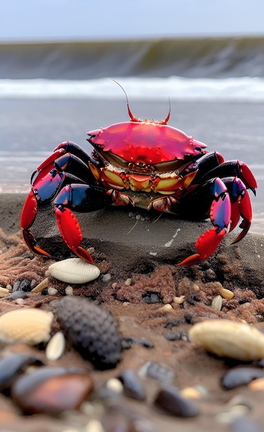 A red and blue crab is sitting on a rock.