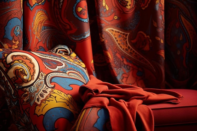 A red and blue curtain with a red and gold design.