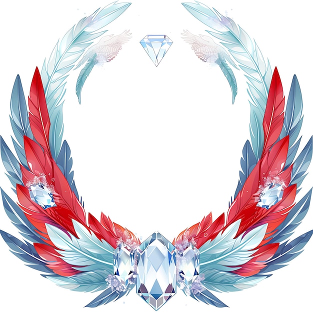 a red and blue feather wreath with a diamond in the middle