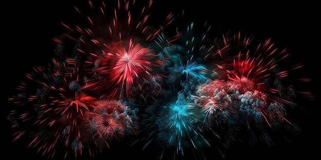 A red and blue fireworks display is lit up in the dark.