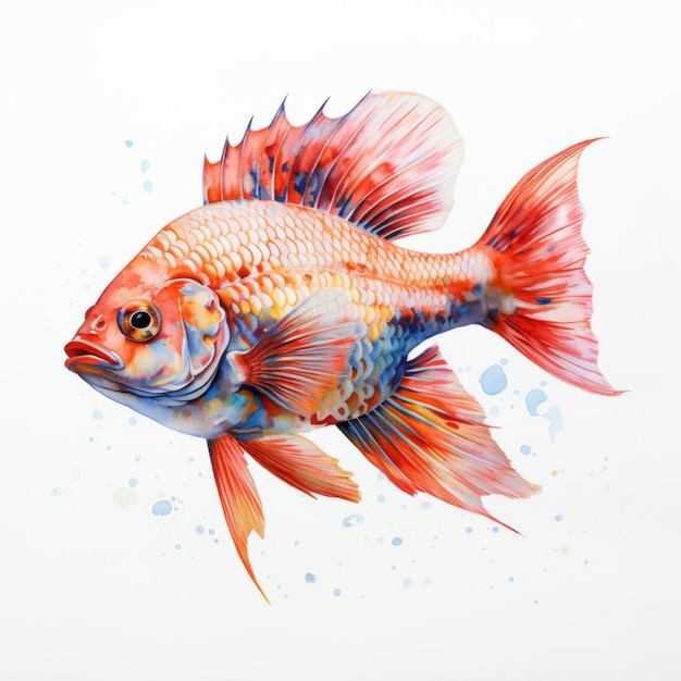 Photo red and blue fish watercolor artwork with fishtails