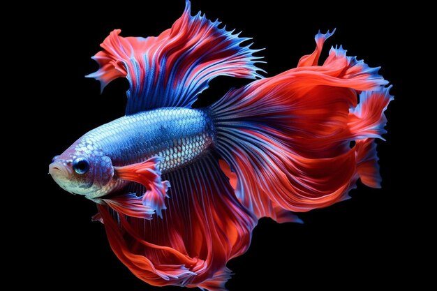 a red and blue fish with a black background
