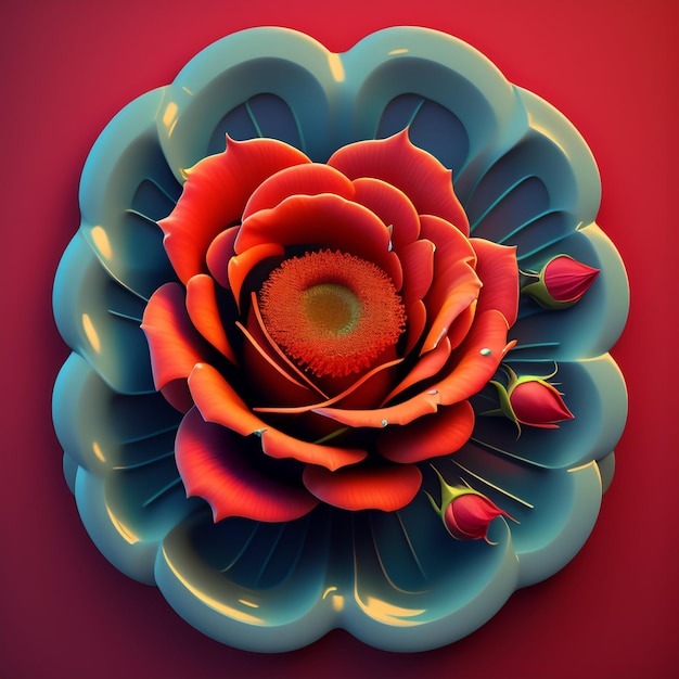 A red and blue flower with a red background.