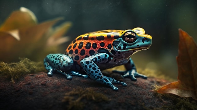 A red and blue frog sits on a branch in a dark forest.