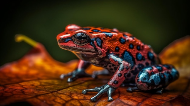 A red and blue frog sits on a leaf.
