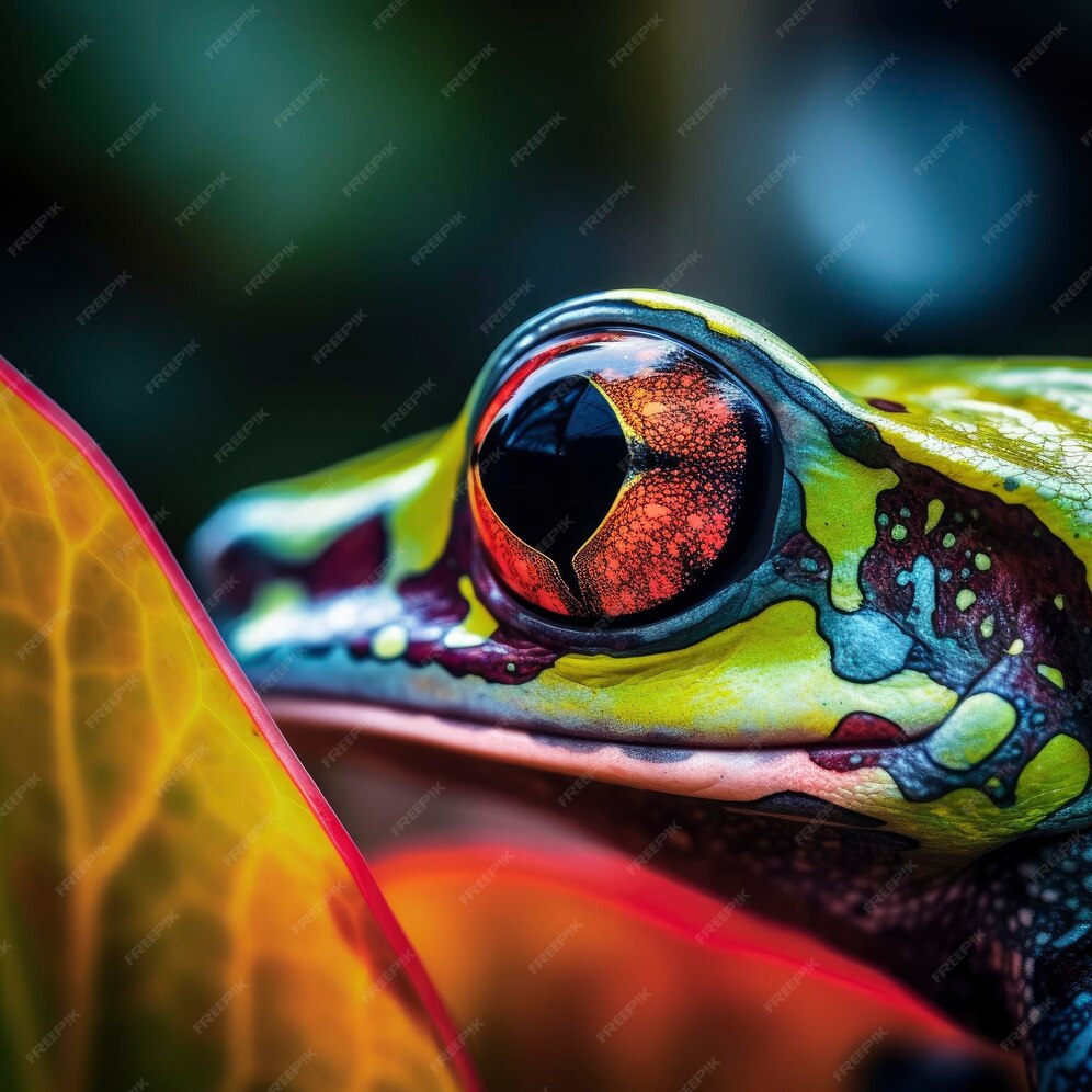 Premium AI Image | A red and blue frog with a black eye and a black and