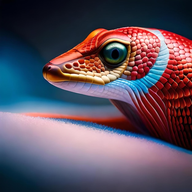 A red and blue head of a lizard with a blue background.