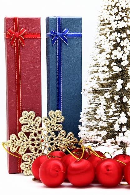 Red and blue holiday box with christmas tree and ornament