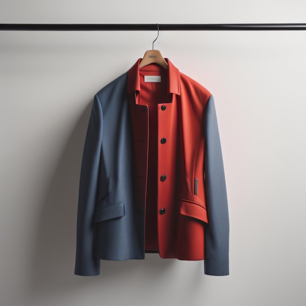 a red and blue jacket hanging on a hanger with a black rod.