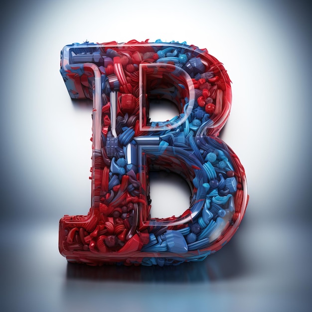 a red and blue letter b that is made of glass