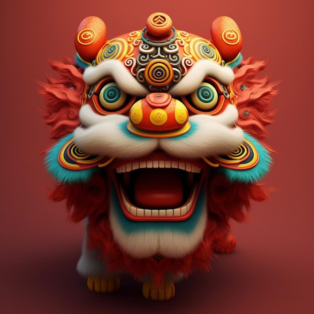 A red and blue lion statue with a red background.