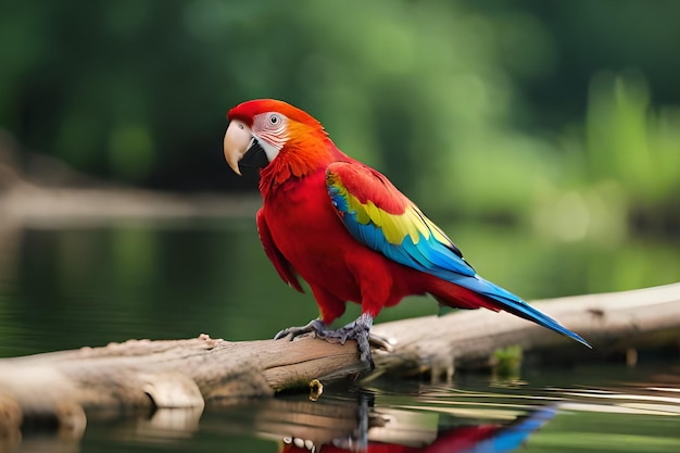 A red and blue macaw sits on a branch in a lake.