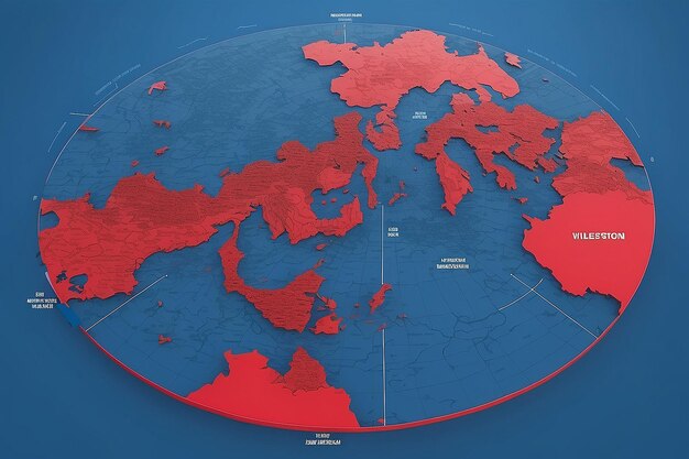 A red and blue map with a red map and a red circle