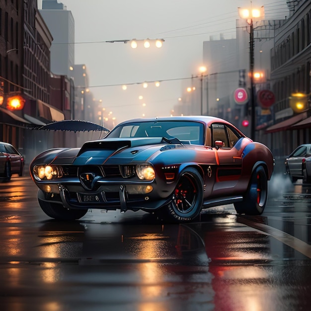 Premium Photo | A red and blue muscle car is driving on a wet street.