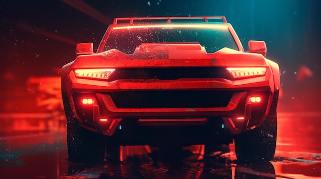 Красно-синий неоновый автомобиль со словом Dodge спереди.