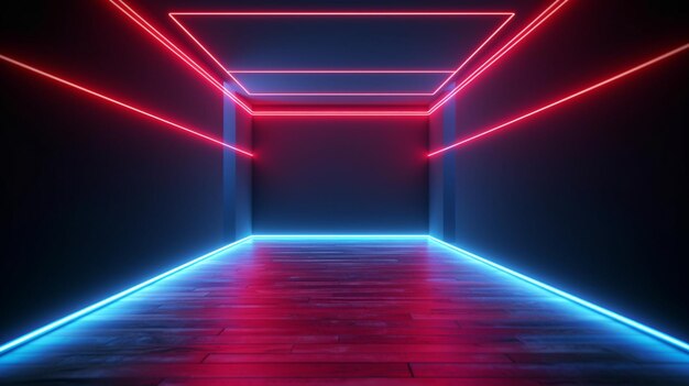 red blue neon light glowing lines blank horizontal screen empty room abstract background