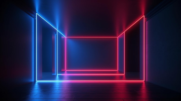 red blue neon light glowing lines blank horizontal screen empty room abstract background