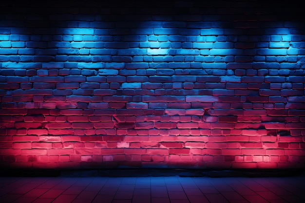 Red and blue neon lights on brick wall background 3d rendering