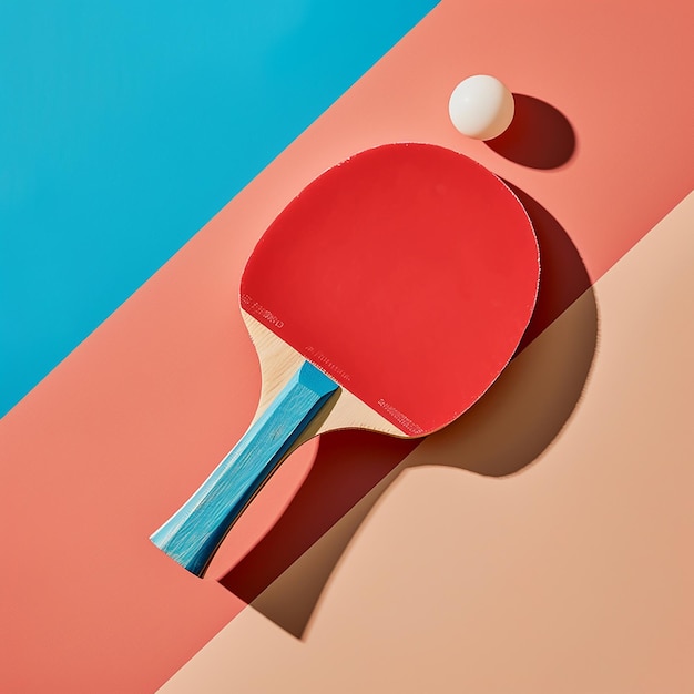 a red and blue object with a white ball and a blue and red background