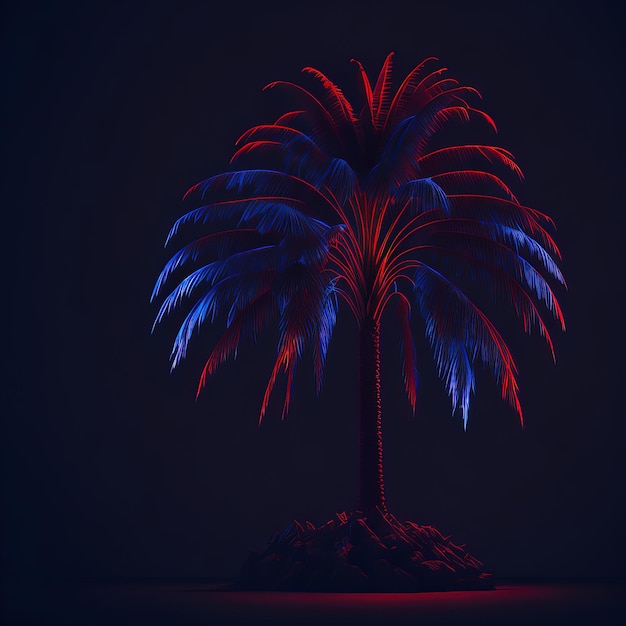 A red and blue palm tree is lit up in a dark room.