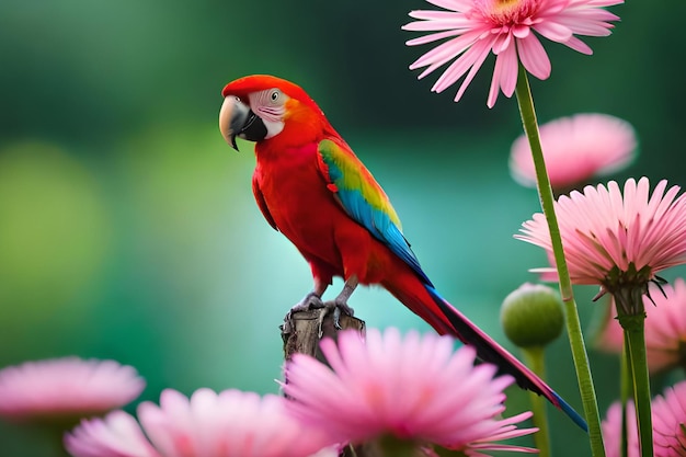 A red and blue parrot is sitting on a branch with pink flowers.