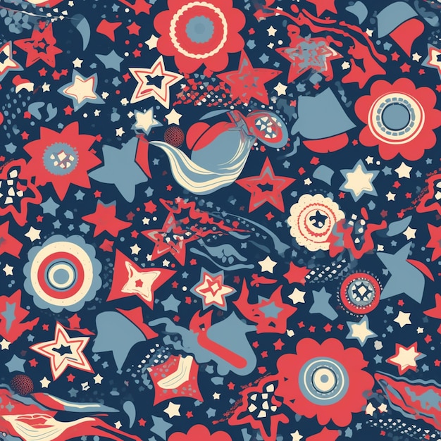 A red and blue pattern with stars and stars.