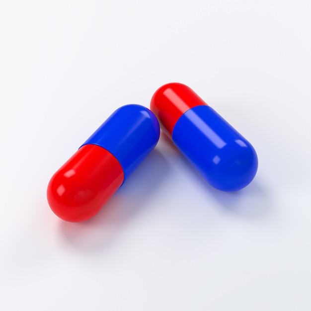 Photo red and blue pill isolate on white background. 3d illustration