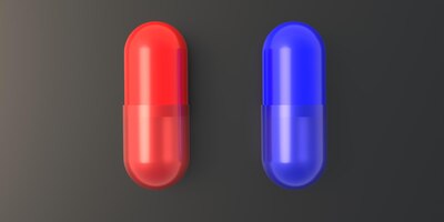 Photo red and blue pills capsules tablets isolated on black background 3d illustration