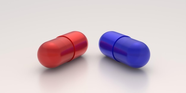 Red and blue pills capsules tablets isolated on white background 3d illustration
