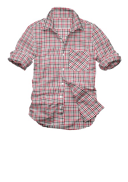 A red and blue plaid shirt with the word " on it " on the front.