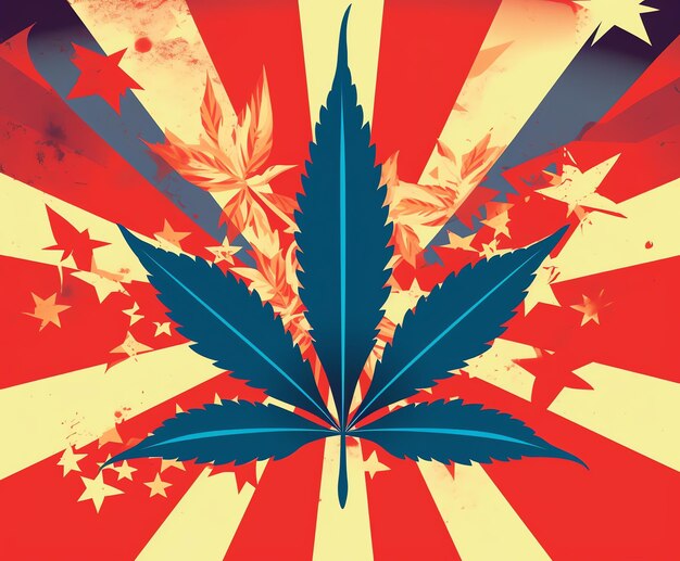 A red and blue poster with a marijuana leaf in the center