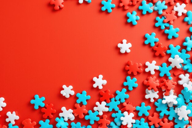 A red and blue puzzle pieces on a bright orange background ai