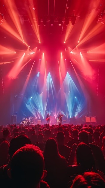 Red and blue stage lights in a concert with many people