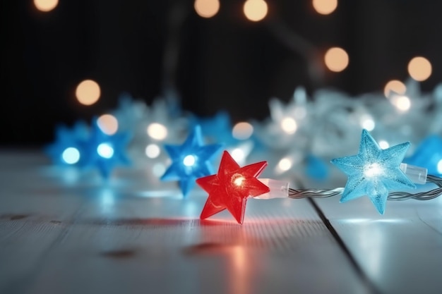 Photo a red and blue star is lit up in front of a christmas tree.