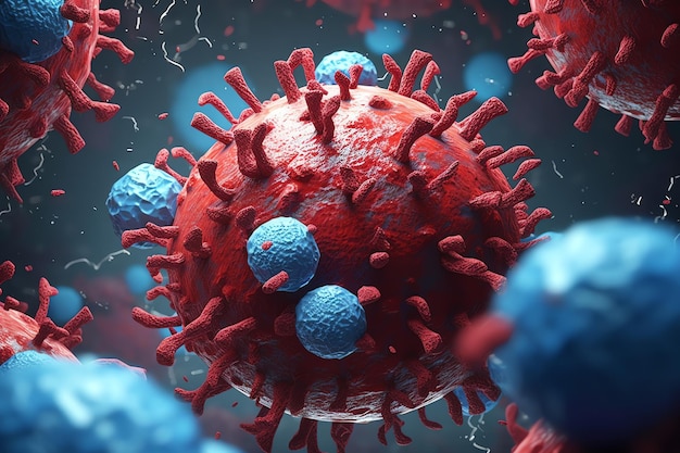 A red and blue virus is in the middle of the image.