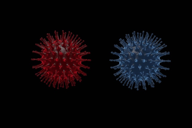 Red and blue virus with black background 3D Rendering